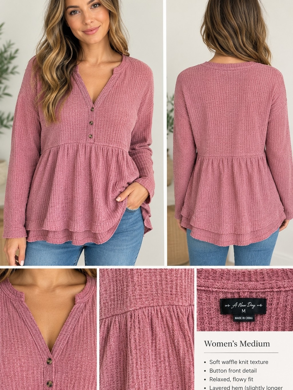 Urban Outfitters Dusty Rose Waffle Knit Peplum Tunic